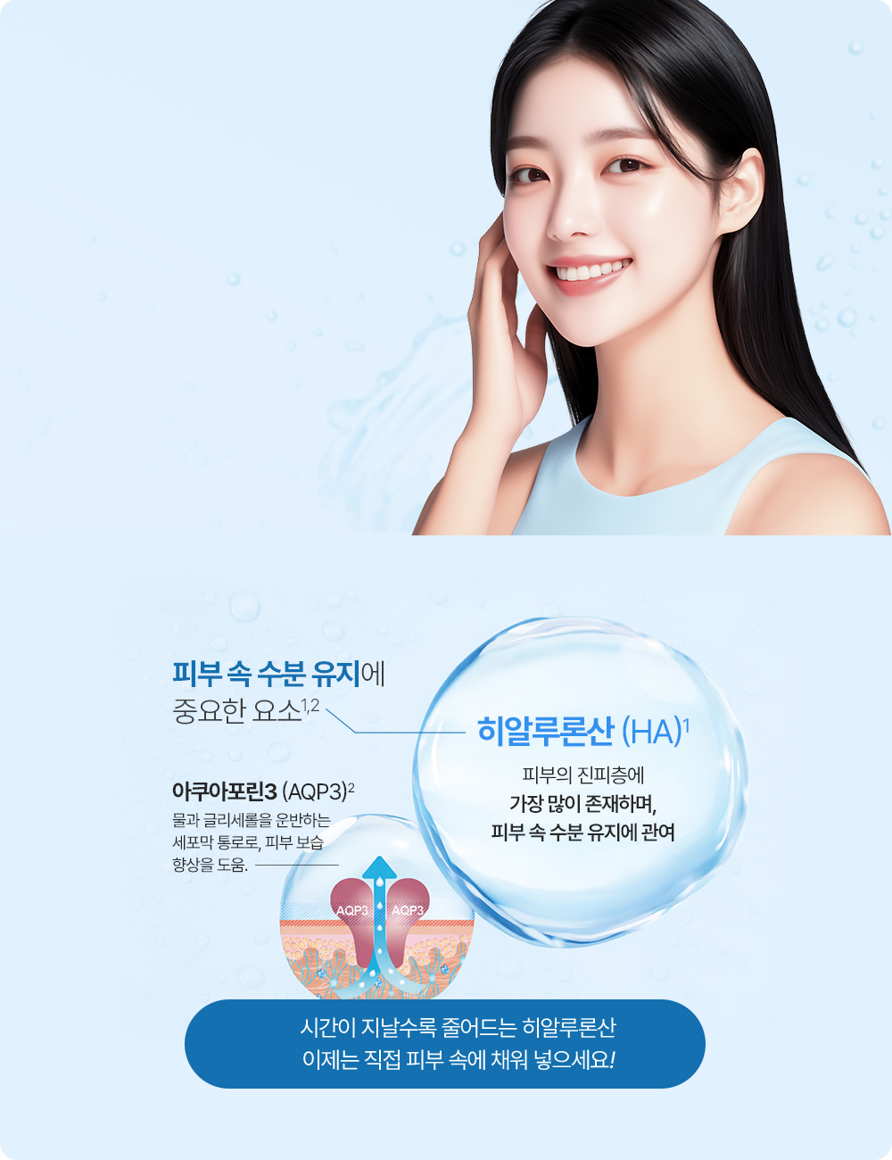 히알루론산 (HA)1 - 피부의 진피층에 가장 많이 존재하며, 피부 속 수분 유지에 관여 | 아쿠아포린3 (AQP3)2 - 물과 글리세롤을 운반하는 세포막 통로로, 피부 보습 향상을 도움. | 시간이 지날수록 줄어드는 히알루론산 이제는 직접 피부 속에 채워 넣으세요!